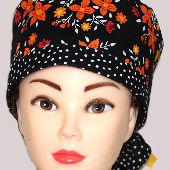 Womens Autumn Flowers Ponytail Scrub Cap, Handmade NWOT - Picture 3 of 7